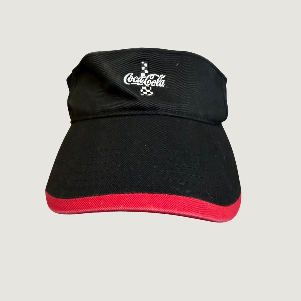 Coca-Cola Sun Visor‎ Hat Black Red Racing Checkered Logo Adjustable Cotton